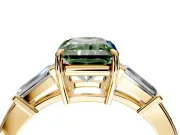 3 Stone Engagement Ring Setting for Fancy Green Radiant Cut Center with Baguette Accents and Prong Head in Yellow Gold
