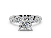 Solitaire Engagement Ring Setting for Princess Cut Center with Round Cut Pave Band and Prong Head in Sterling Silver