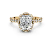 Halo Engagement Ring Setting for Radiant Cut Center with Openwork Halo, Pave Band and Prong Head in Yellow Gold