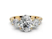 3 Stone Engagement Ring Setting for Oval Center with Crossover Basket, Pave Band and Prong Head in Yellow Gold