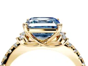 Paired Accent Engagement Ring Setting for Fancy Blue Asscher Cut Center with Pave Band and Prong Head in Yellow Gold