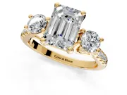 3 Stone Engagement Ring Setting for Emerald Cut Center with Crossover Basket, Pave Band and Prong Head in Yellow Gold