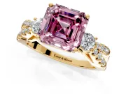 3 Stone Engagement Ring Setting for Fancy Pink Asscher Cut Center with Pave Split Shank and Prong Head in Yellow Gold
