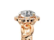 Halo Engagement Ring Setting for Round Cut Center with Open Scroll Shoulders and Prong Head in Rose Gold