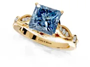 Solitaire Engagement Ring Setting for Fancy Blue Princess Cut Center with Marquise and Bezel Accents and Prong Head in Yellow Gold