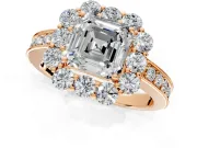 Halo Engagement Ring Setting for Asscher Cut Center with Milgrain Channel Band and Prong Head in Rose Gold