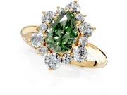 Small-Accent Cluster Halo Engagement Ring Setting for Fancy Green Pear-Shaped Center with Plain Band and Prong Head in Yellow Gold