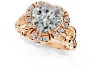 Halo Engagement Ring Setting for Heart-Shaped Center with Open Scroll Shoulders and Prong Head in Rose Gold