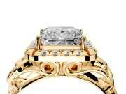 Halo Engagement Ring Setting for Princess Cut Center with Open Scroll Shoulders and Prong Head in Yellow Gold