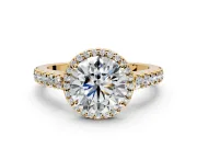 Halo Engagement Ring Setting for Round Cut Center with Full Pave Band and Prong Head in Yellow Gold