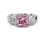 3 Stone Engagement Ring Setting for Fancy Pink Cushion Cut Center with Matching Side Accents and Prong Head in Platinum