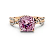 Solitaire Engagement Ring Setting for Fancy Pink Cushion Cut Center with Narrow Twist Pave Band and Prong Head in Rose Gold