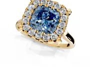 Single Halo Engagement Ring Setting for Fancy Blue Cushion Cut Center with Corner Claws, Plain Band and Prong Head in Yellow Gold