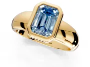 Solitaire Engagement Ring Setting for Fancy Blue Emerald Cut Center with Wide Band and Bezel Head in Yellow Gold