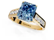 Solitaire Engagement Ring Setting for Fancy Blue Radiant Cut Center with Round Cut Channel Band and Prong Head in Yellow Gold