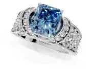 Pave Engagement Ring Setting for Fancy Blue Radiant Cut Center with Curved Accent Rows, Openwork and Prong Head in White Gold