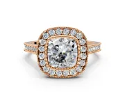 Halo Engagement Ring Setting for Cushion Cut Center with Milgrain Frame, Pave Band and Prong Head in Rose Gold