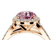 Halo Engagement Ring Setting for Fancy Pink Round Cut Center with Narrow Pave Split Shank and Prong Head in Rose Gold