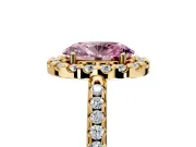 Pave Halo Engagement Ring Setting for Fancy Pink Oval Center with Single Row Pave Band and Prong Head in Yellow Gold