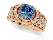 Pave Engagement Ring Setting for Fancy Blue Cushion Cut Center with Curved Accent Rows, Openwork and Prong Head in Rose Gold