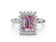 Starburst Halo Engagement Ring Setting for Fancy Pink Emerald Cut Center with Thin Round-Wire Band and Prong Head in Platinum