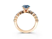 Shared-Prong Engagement Ring Setting for Fancy Blue Round Cut Center with Graduated Accents and Prong Head in Rose Gold