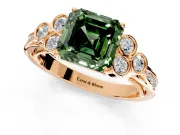 Cluster Engagement Ring Setting for Fancy Green Asscher Cut Center with Bezel Accent Clusters and Prong Head in Rose Gold