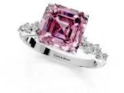 Cluster Engagement Ring Setting for Fancy Pink Asscher Cut Center with Round Cut Accent Band and Prong Head in Sterling Silver