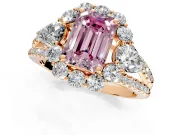 Halo Engagement Ring Setting for Fancy Pink Emerald Cut Center with Two-Strand Split Shank and Prong Head in Rose Gold