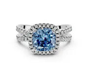 Halo Engagement Ring Setting for Fancy Blue Cushion Cut Center with Double Pave Split Shank and Prong Head in Platinum