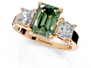 3 Stone Engagement Ring Setting for Fancy Green Emerald Cut Center with Matching Side Accents and Prong Head in Rose Gold