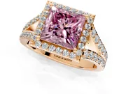 Halo Engagement Ring Setting for Fancy Pink Princess Cut Center with Narrow Pave Split Shank and Prong Head in Rose Gold