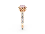 Halo Engagement Ring Setting for Fancy Pink Asscher Cut Center with Openwork Halo, Pave Band and Prong Head in Rose Gold