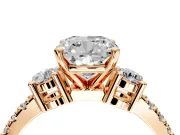 3 Stone Engagement Ring Setting for Cushion Cut Center with Round Cut Side Accents and Prong Head in Rose Gold