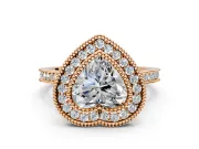 Halo Engagement Ring Setting for Heart-Shaped Center with Milgrain Frame, Pave Band and Prong Head in Rose Gold