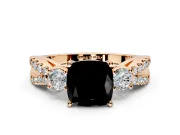 3 Stone Engagement Ring Setting for Fancy Black Cushion Cut Center with Pave Split Shank and Prong Head in Rose Gold