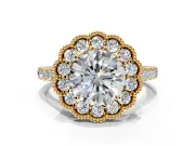 Milgrain Floral Halo Engagement Ring Setting for Round Cut Center with Pave Band and Prong Head in Yellow Gold