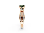 3 Stone Engagement Ring Setting for Fancy Green Cushion Cut Center with Pave Twist Band and Prong Head in Rose Gold