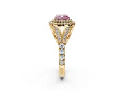 Double Halo Engagement Ring Setting for Fancy Pink Cushion Cut Center with Narrow Pave Split Shank and Prong Head in Yellow Gold