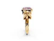Halo Engagement Ring Setting for Fancy Pink Radiant Cut Center with Floral Band and Prong Head in Yellow Gold