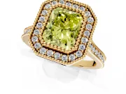 Halo Engagement Ring Setting for Fancy Yellow Radiant Cut Center with Milgrain Frame, Pave Band and Prong Head in Yellow Gold