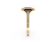 Halo Engagement Ring Setting for Fancy Pink Asscher Cut Center with Milgrain Pave Band and Bezel Head in Yellow Gold