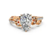 Leaf Motif Engagement Ring Setting for Pear-Shaped Center with Pave Band and Prong Head in Rose Gold