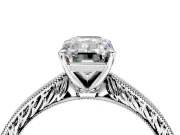 Solitaire Engagement Ring Setting for Emerald Cut Center with Engraved Milgrain Band and Prong Head in Sterling Silver