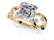 Solitaire Engagement Ring Setting for Asscher Cut Center with Criss-Cross Accent Band and Prong Head in Yellow Gold