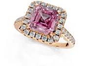 Halo Engagement Ring Setting for Fancy Pink Asscher Cut Center with Raised Halo, Pave Band and Prong Head in Rose Gold