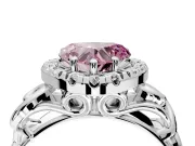 Halo Engagement Ring Setting for Fancy Pink Heart-Shaped Center with Open Scroll Shoulders and Prong Head in White Gold
