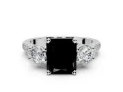 3 Stone Engagement Ring Setting for Fancy Black Radiant Cut Center with Crossover Basket, Pave Band and Prong Head in Platinum
