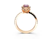 Halo Engagement Ring Setting for Fancy Pink Emerald Cut Center with Openwork Halo, Pave Band and Prong Head in Rose Gold