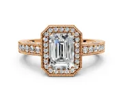 Milgrain Halo Engagement Ring Setting for Emerald Cut Center with Wide Pave Band and Prong Head in Rose Gold